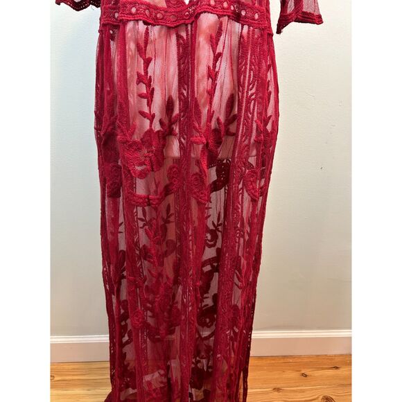 Red Lace Gothic Romantic Sheer Lace Maxi pullover Cover Up One Size - Picture 9 of 11